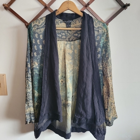 Citron Tops - Citron Silk Blend Open Cardigan Shawl Lightweight Blue Green Pattern Small S